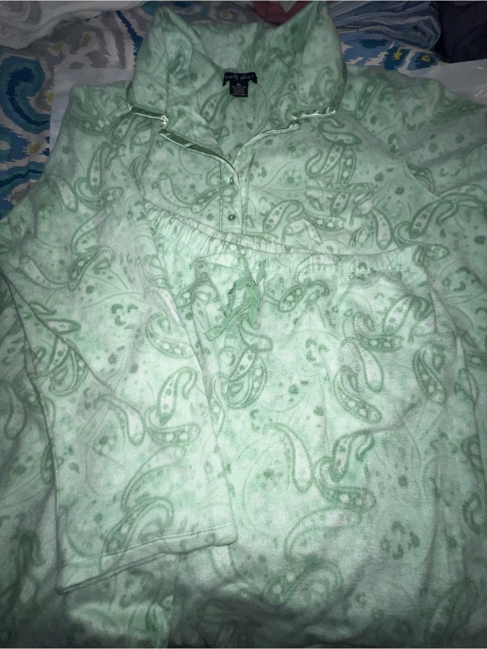 Earth Angles Long Sleeve Button Up and Pant PJ Set Mint Green Paisley Fleece
